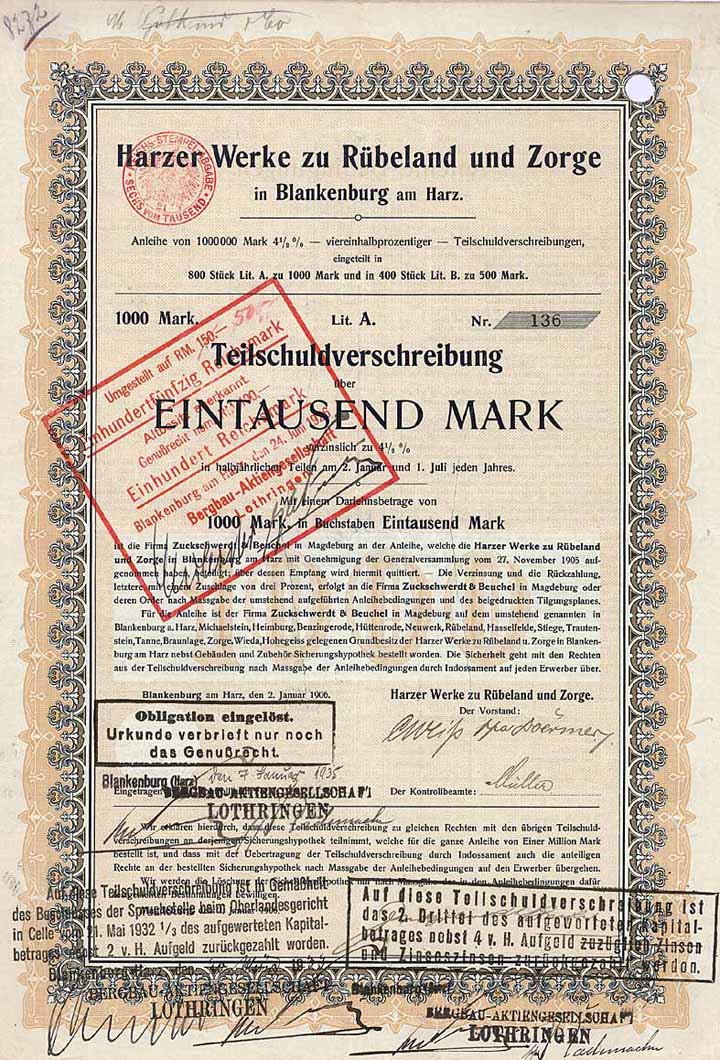 Harzer Werke zu Rübeland und Zorge (umgest. auf 150 RM)