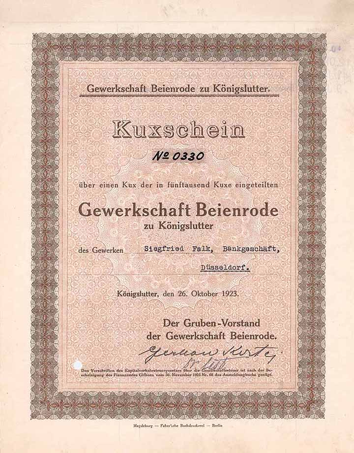 Gewerkschaft Beienrode (OU Gerhard Korte), Ersatzausfertigung